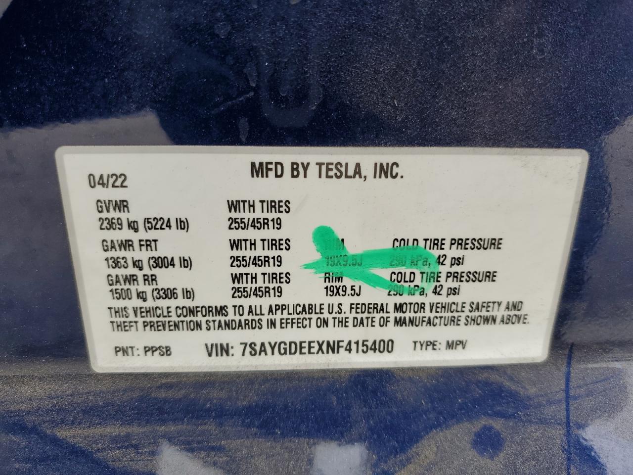 VIN 7SAYGDEEXNF415400 2022 TESLA MODEL Y no.14