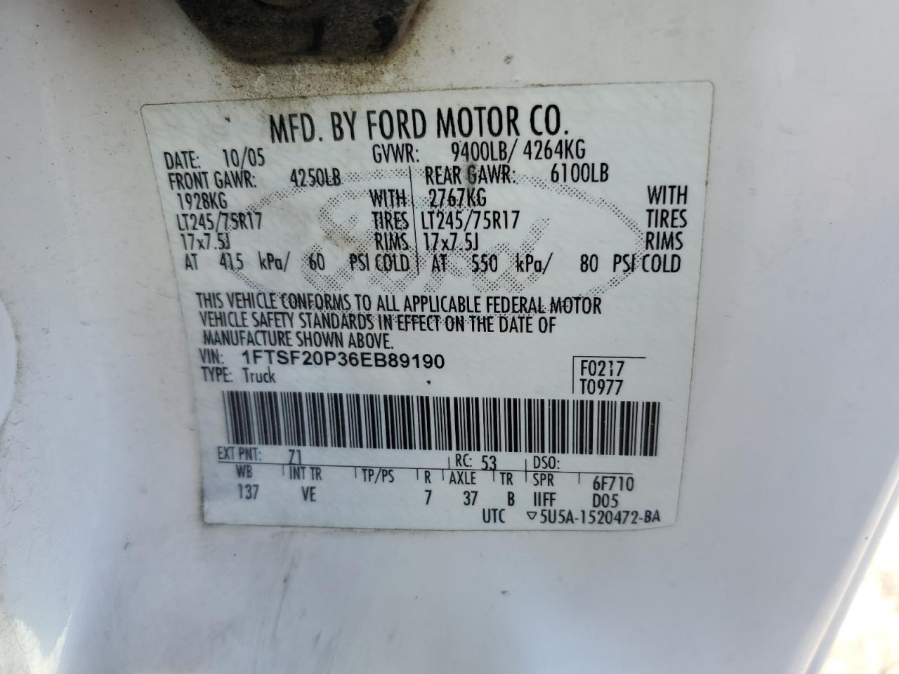 1FTSF20P36EB89190 2006 Ford F250 Super Duty