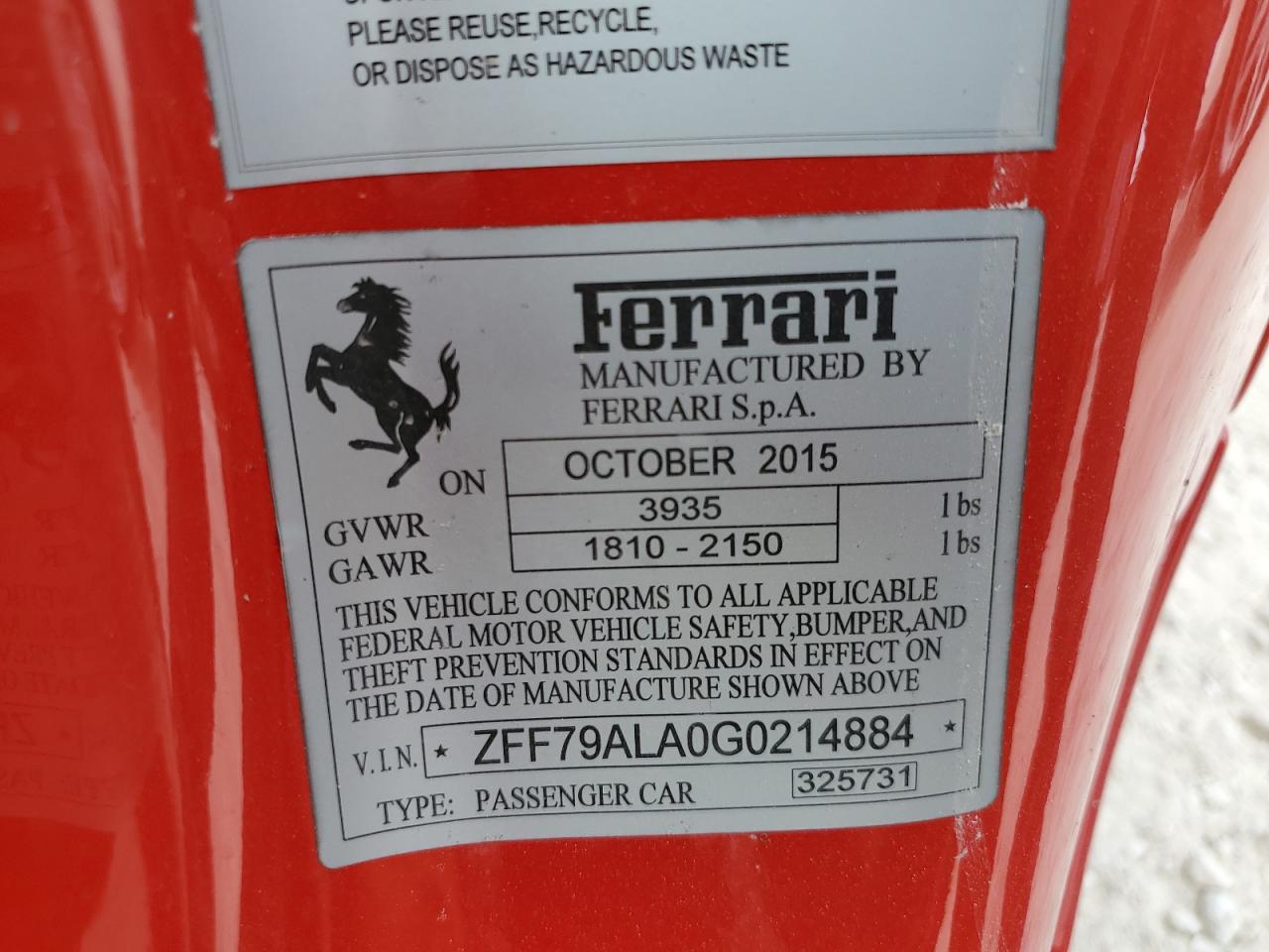 VIN ZFF79ALA0G0214884 2016 FERRARI ALL MODELS no.12