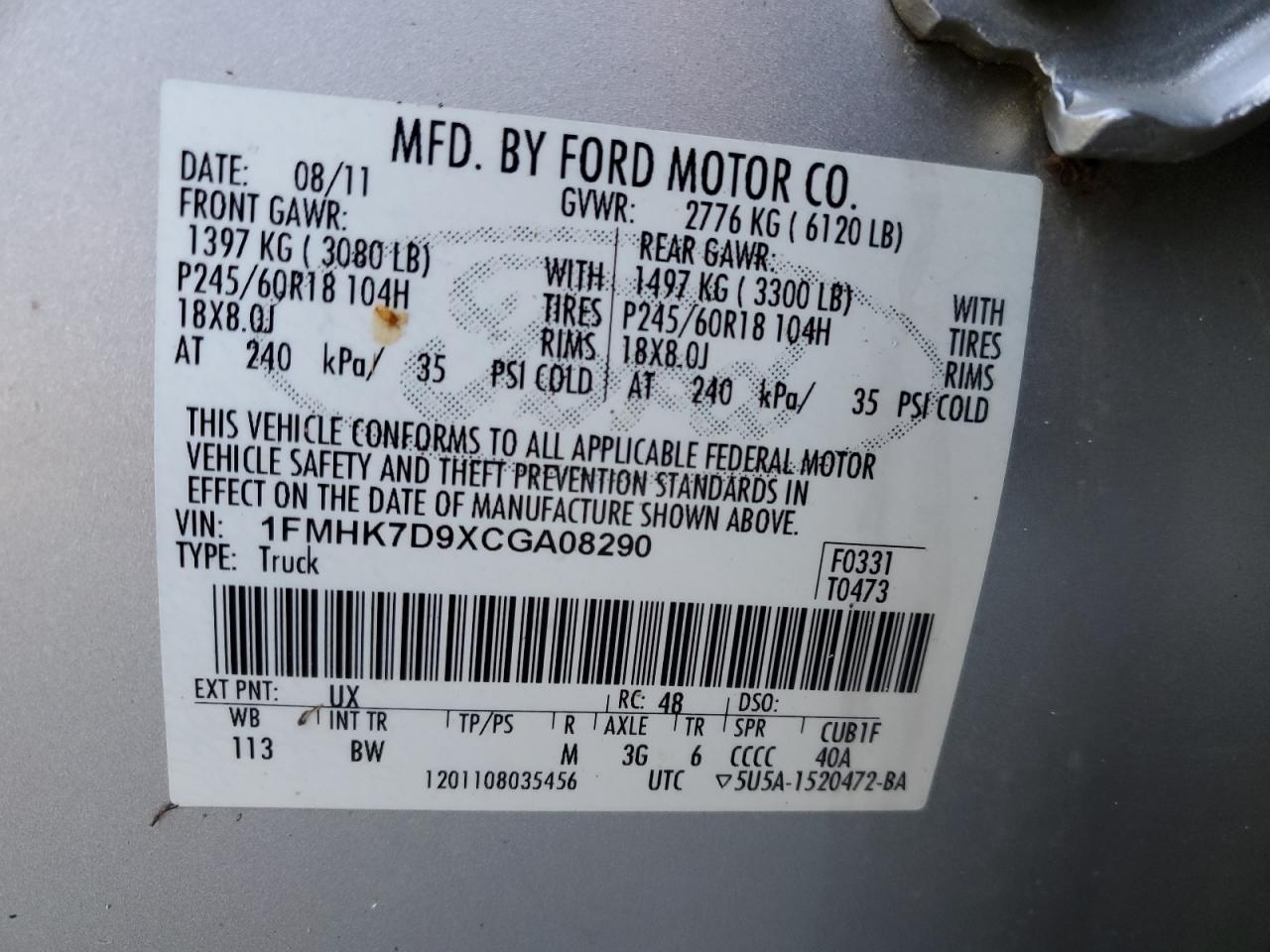 1FMHK7D9XCGA08290 2012 Ford Explorer Xlt