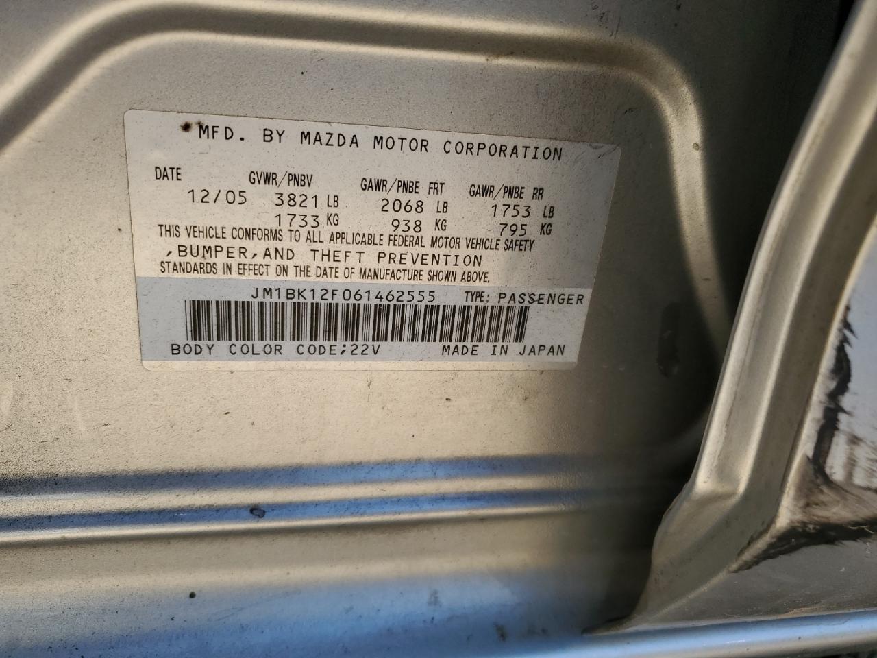 JM1BK12F061462555 2006 Mazda 3 I