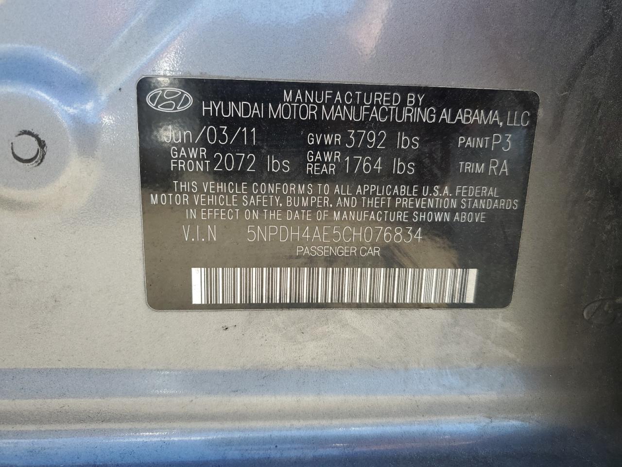 5NPDH4AE5CH076834 2012 Hyundai Elantra Gls