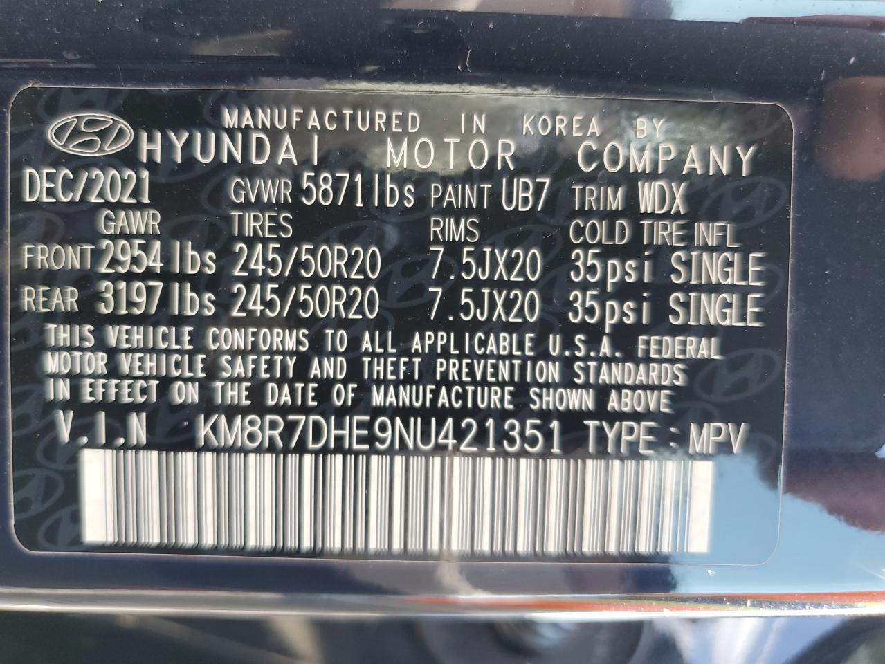 KM8R7DHE9NU421351 2022 Hyundai Palisade Calligraphy