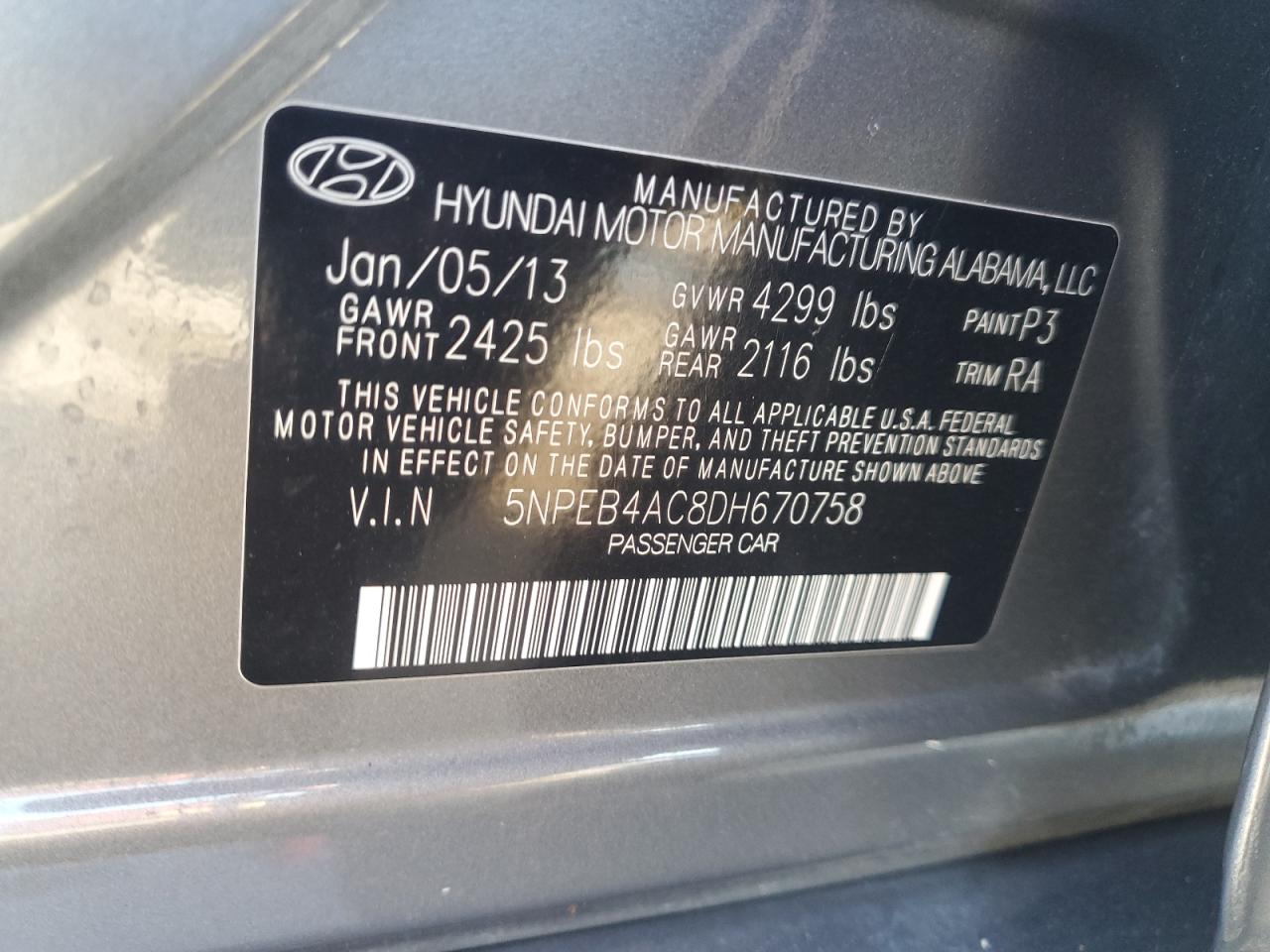 2013 Hyundai Sonata Gls VIN: 5NPEB4AC8DH670758 Lot: 77312804