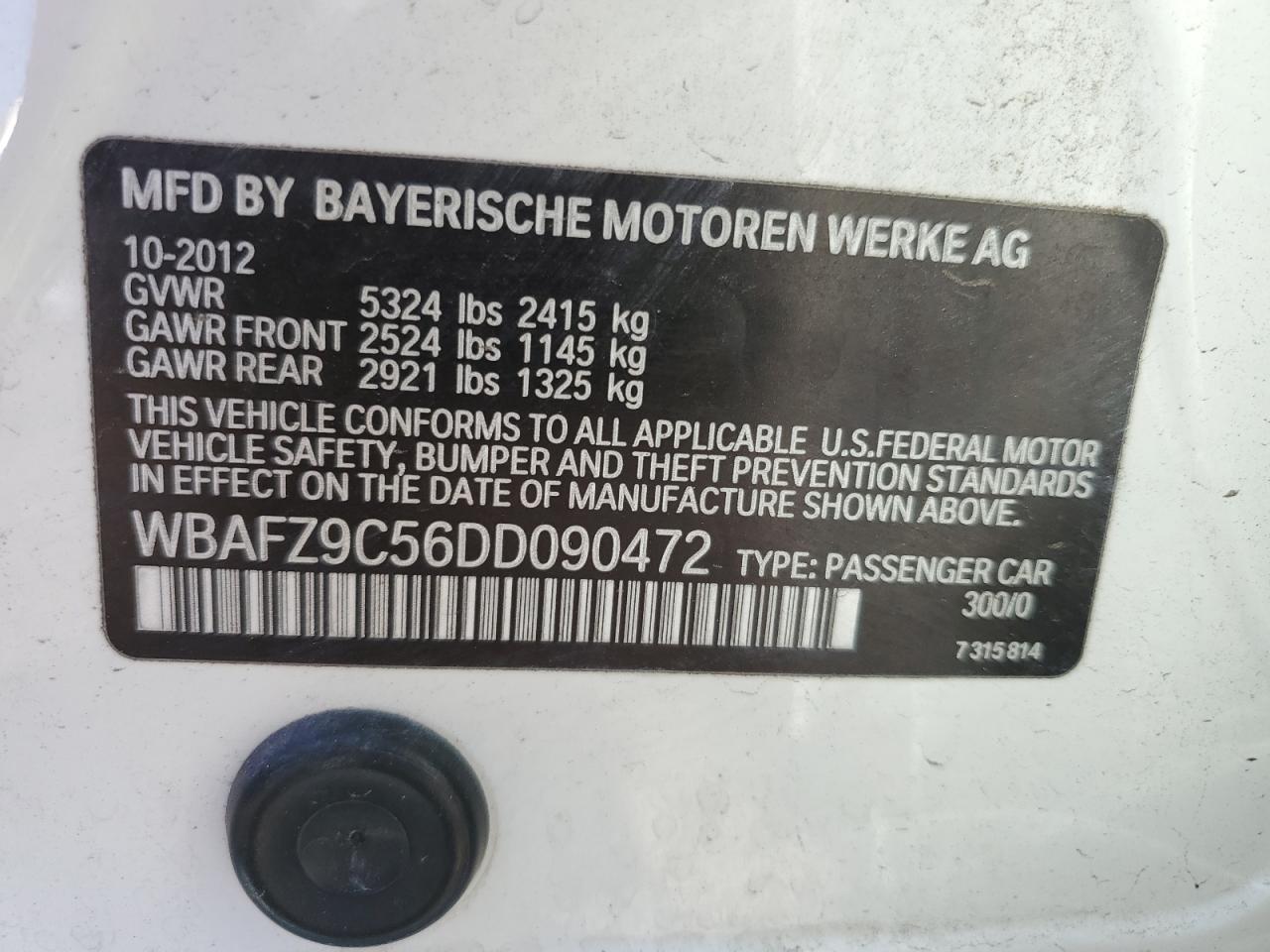 2013 BMW 535 I Hybrid VIN: WBAFZ9C56DD090472 Lot: 77472294