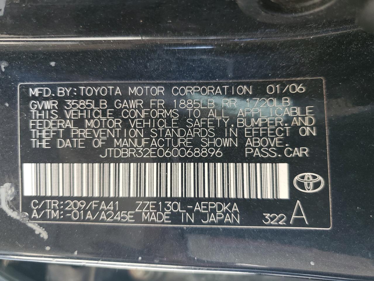 JTDBR32E060068896 2006 Toyota Corolla Ce