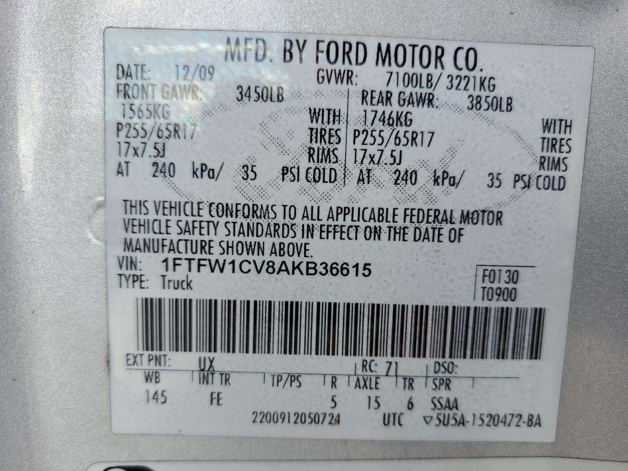 1FTFW1CV8AKB36615 2010 Ford F150 Supercrew