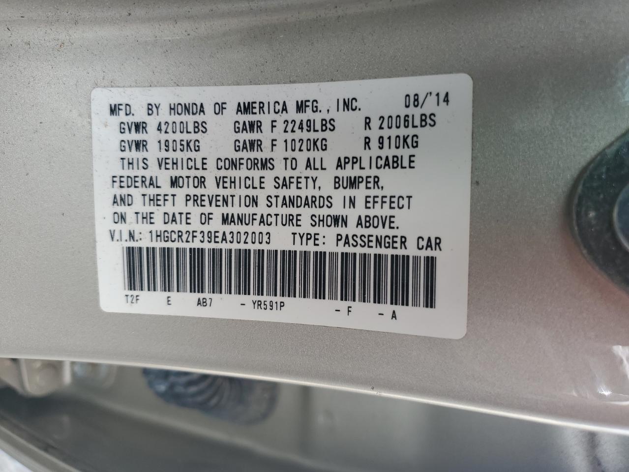 1HGCR2F39EA302003 2014 Honda Accord Lx