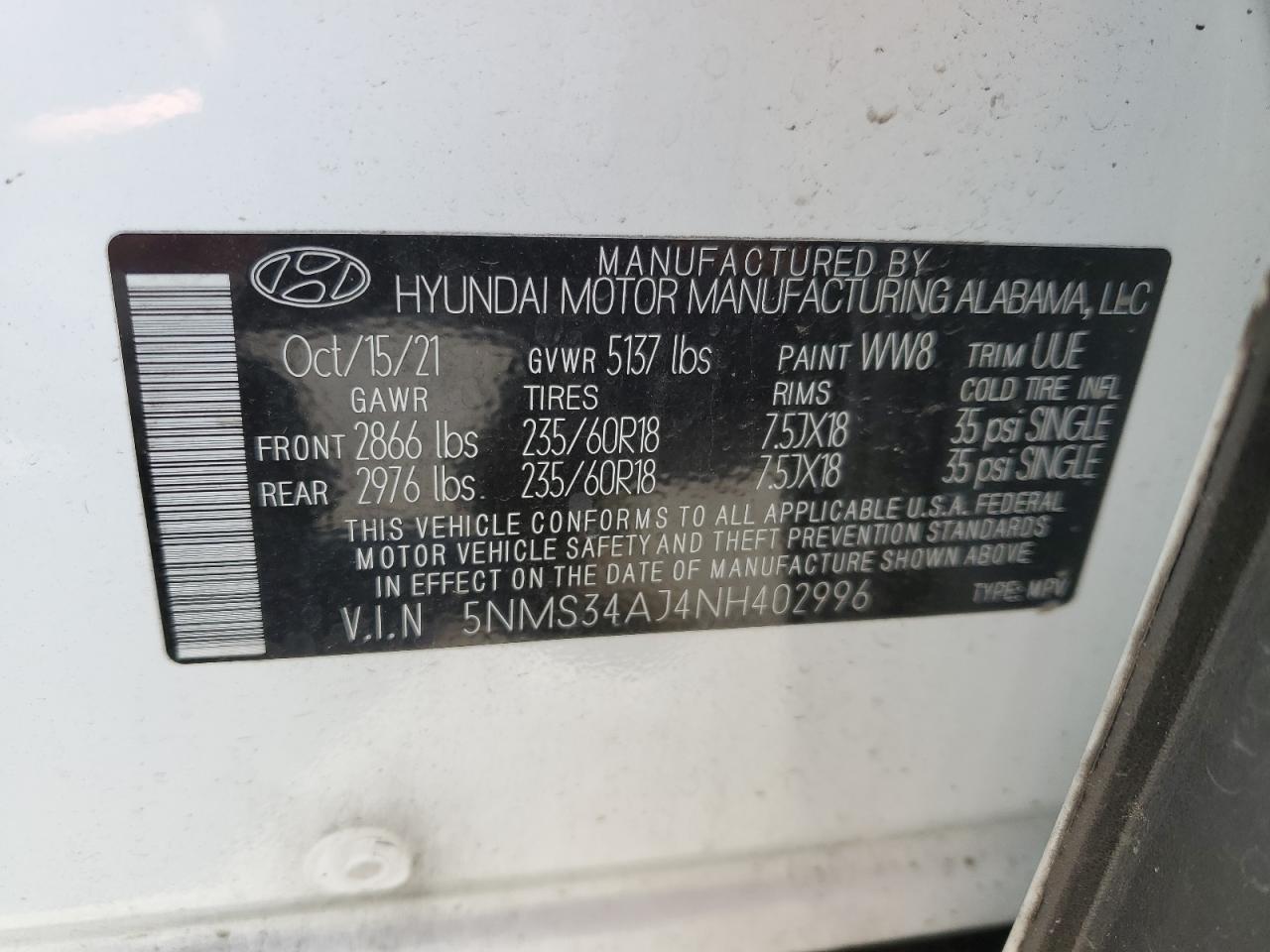 2022 Hyundai Santa Fe Sel VIN: 5NMS34AJ4NH402996 Lot: 73329914