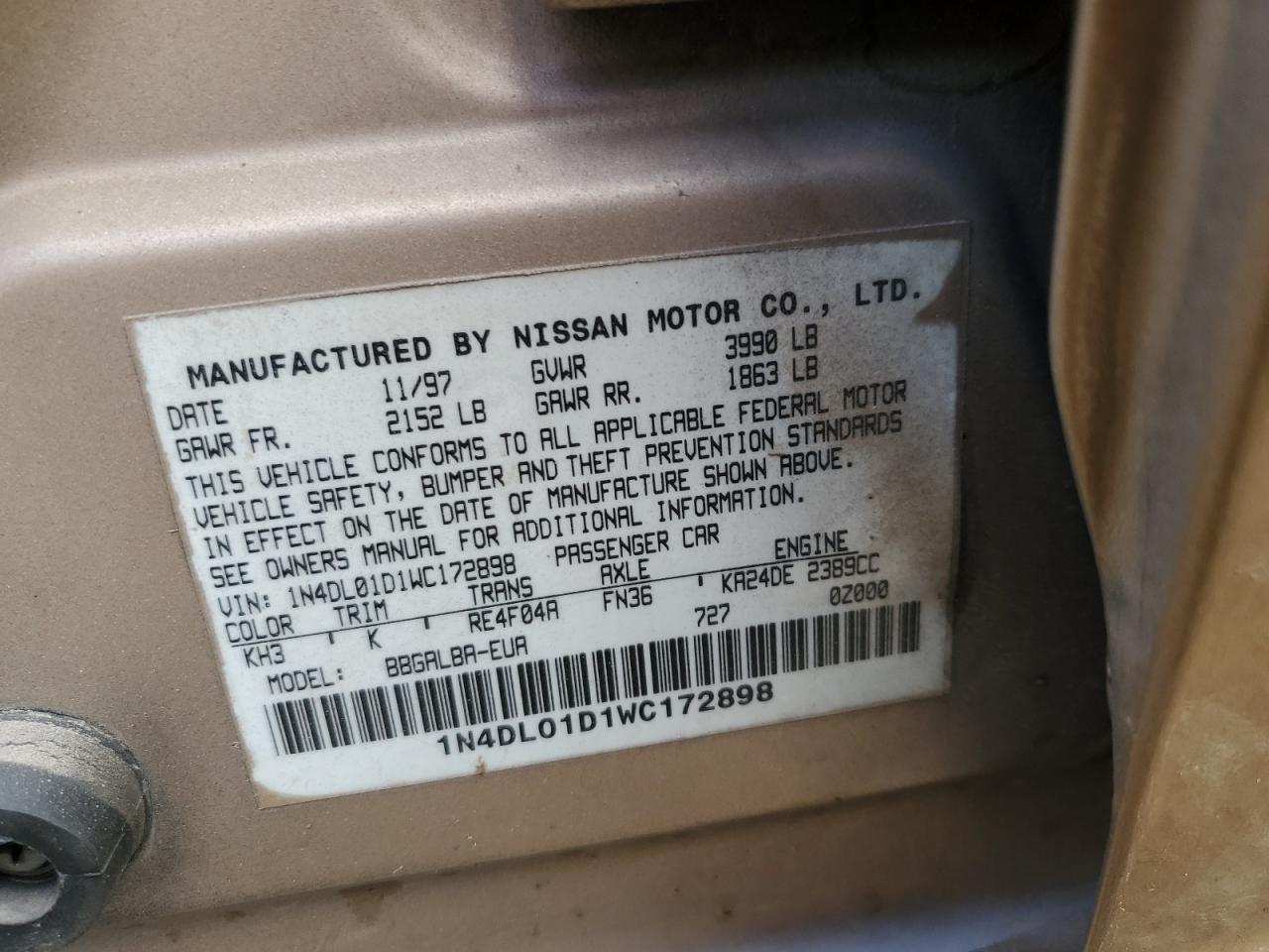 1998 Nissan Altima Xe VIN: 1N4DL01D1WC172898 Lot: 76683414