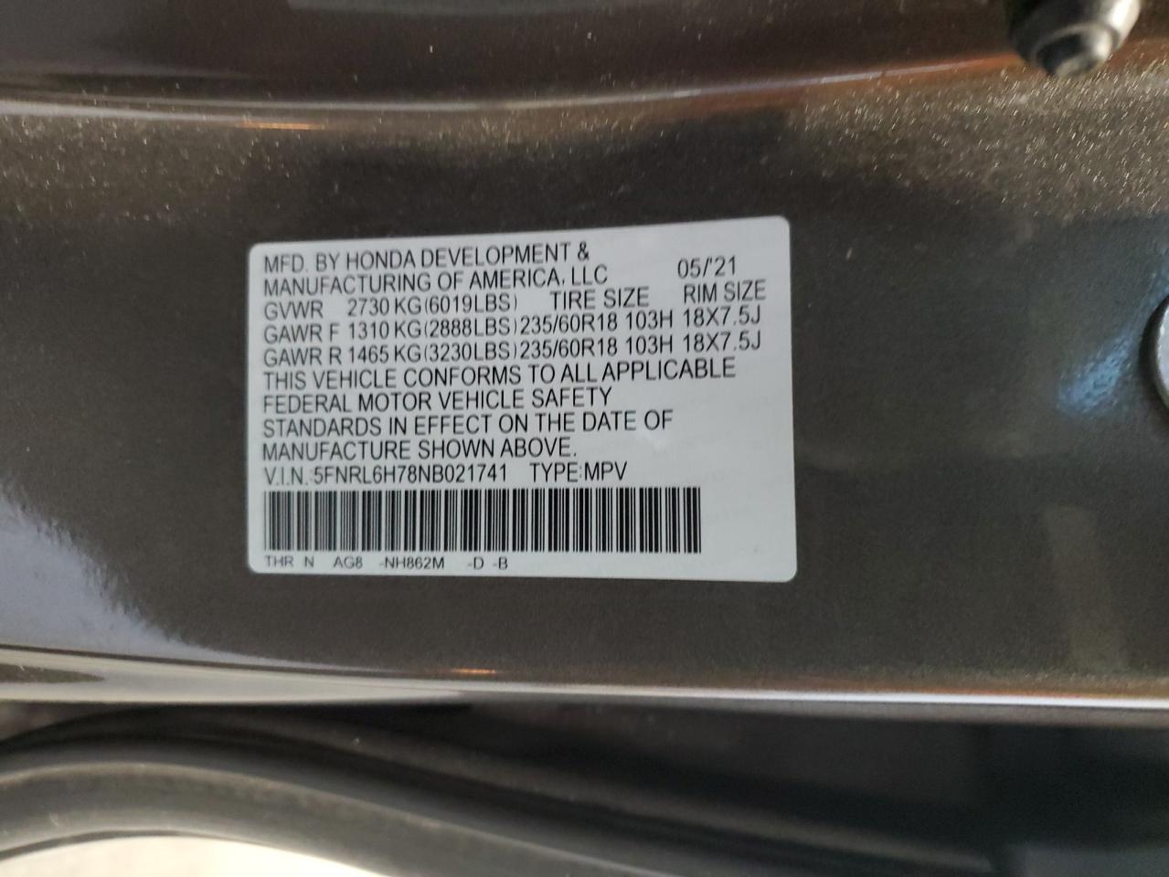 5FNRL6H78NB021741 2022 Honda Odyssey Exl