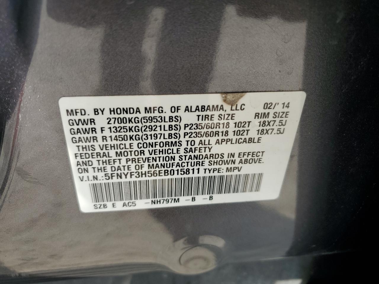 5FNYF3H56EB015811 2014 Honda Pilot Exl