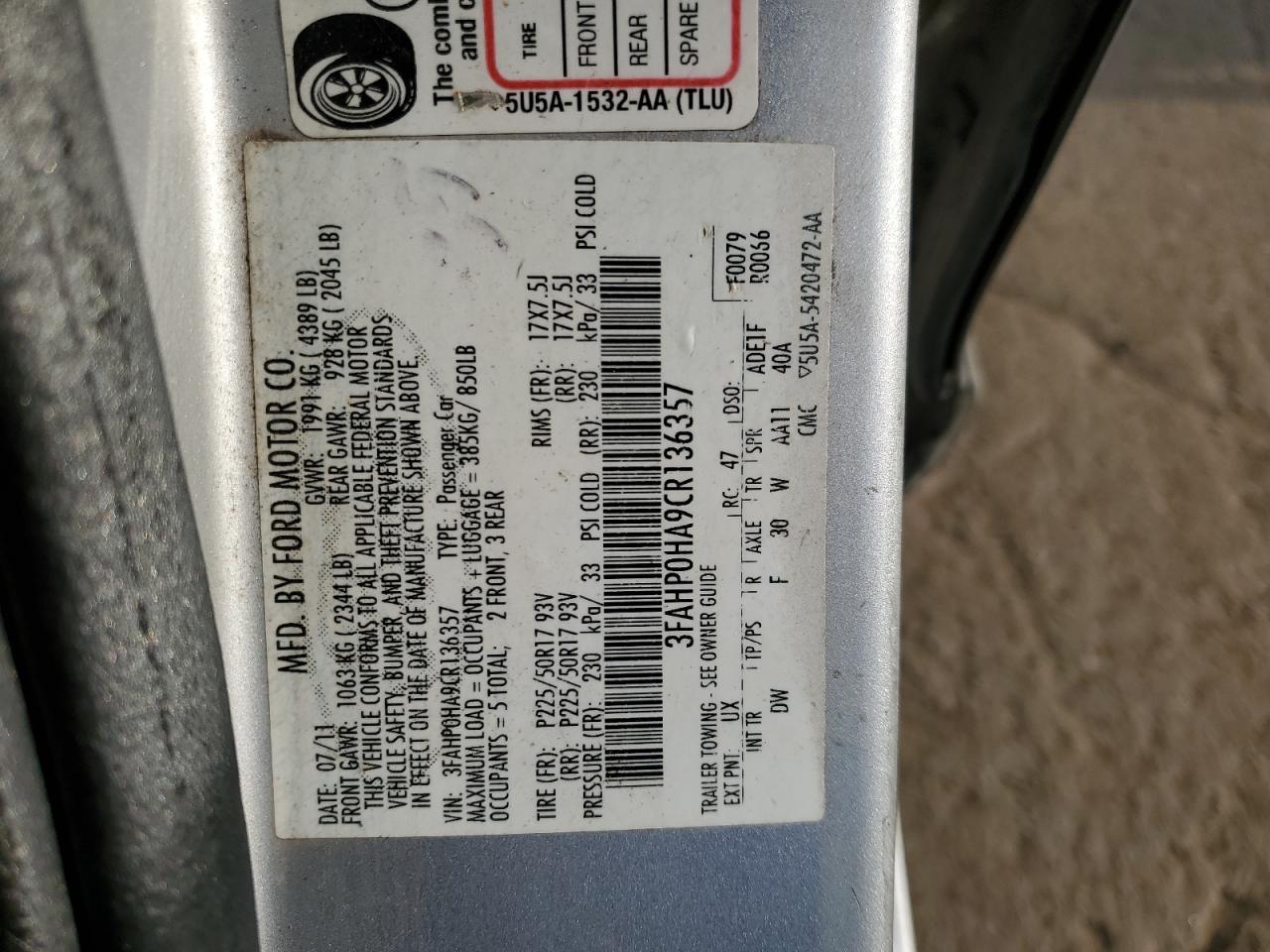 2012 Ford Fusion Se VIN: 3FAHP0HA9CR136357 Lot: 78047384