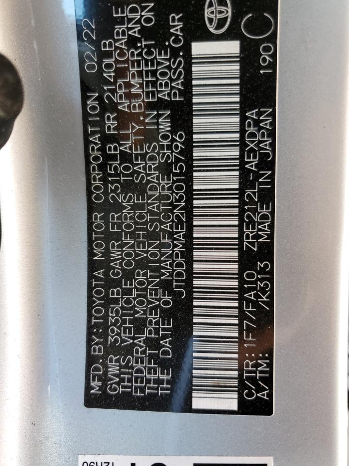 2022 Toyota Corolla L VIN: JTDDPMAE2N3015796 Lot: 75394014