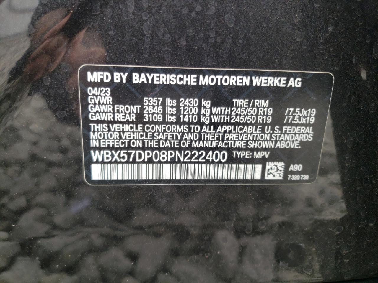 2023 BMW X3 xDrive30I VIN: WBX57DP08PN222400 Lot: 74303264