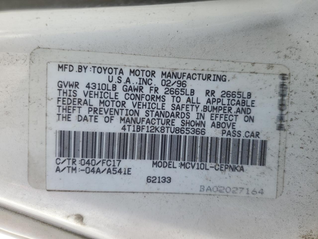 4T1BF12K8TU865366 1996 Toyota Camry Le