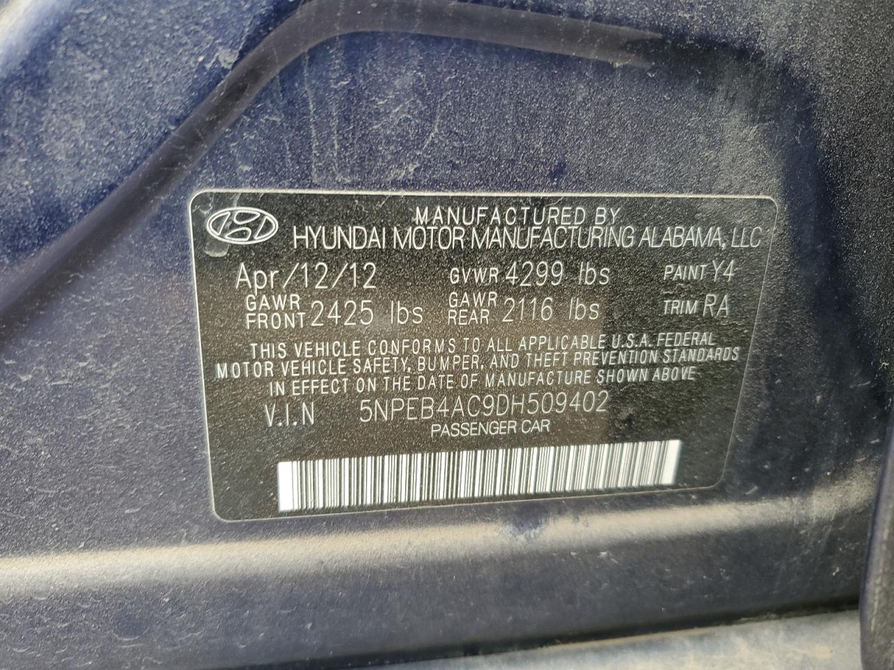 5NPEB4AC9DH509402 2013 Hyundai Sonata Gls