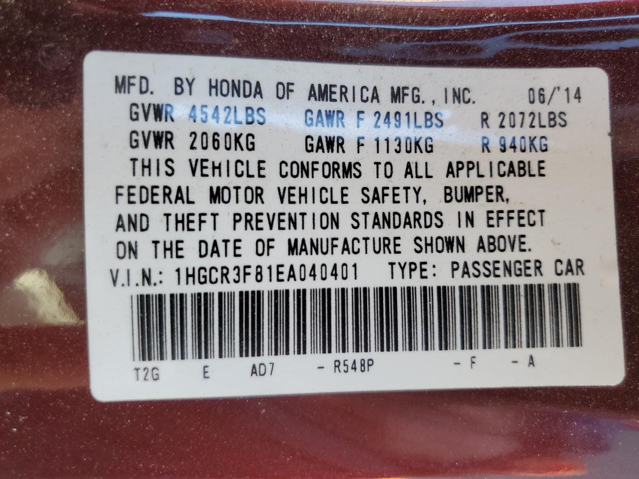 1HGCR3F81EA040401 2014 Honda Accord Exl