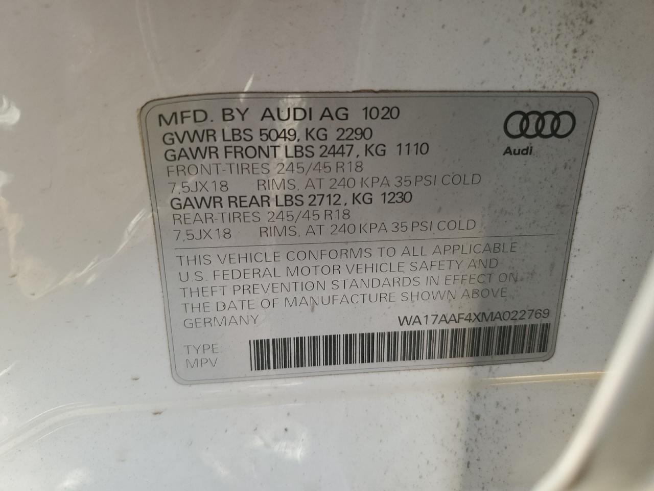 2021 Audi A4 Allroad Premium VIN: WA17AAF4XMA022769 Lot: 77647504