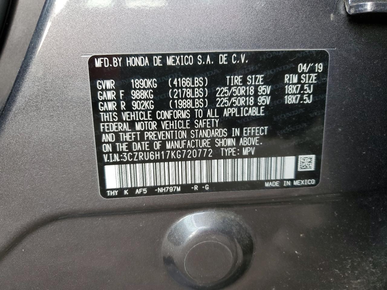 3CZRU6H17KG720772 2019 Honda Hr-V Sport