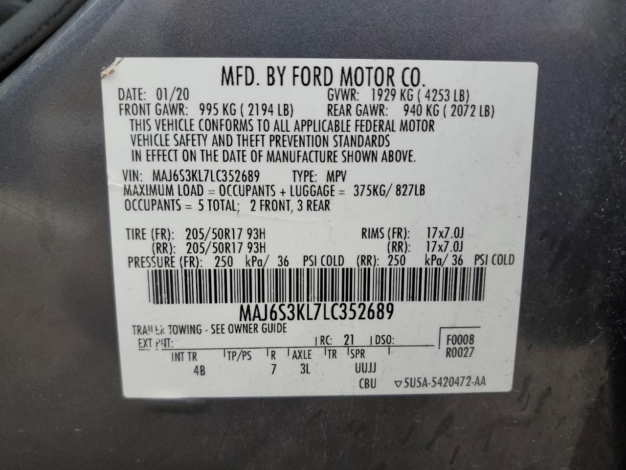 2020 Ford Ecosport Titanium VIN: MAJ6S3KL7LC352689 Lot: 76200784