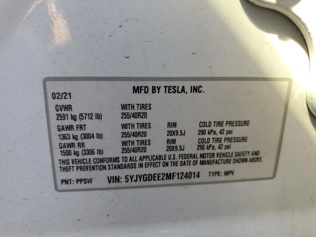 2021 Tesla Model Y VIN: 5YJYGDEE2MF124014 Lot: 76709474