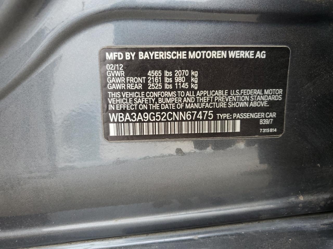 2012 BMW 335 I VIN: WBA3A9G52CNN67475 Lot: 76512354