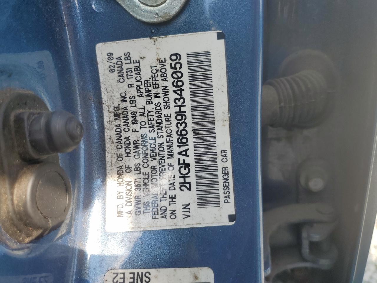 2009 Honda Civic Lx-S VIN: 2HGFA16639H346059 Lot: 74302024