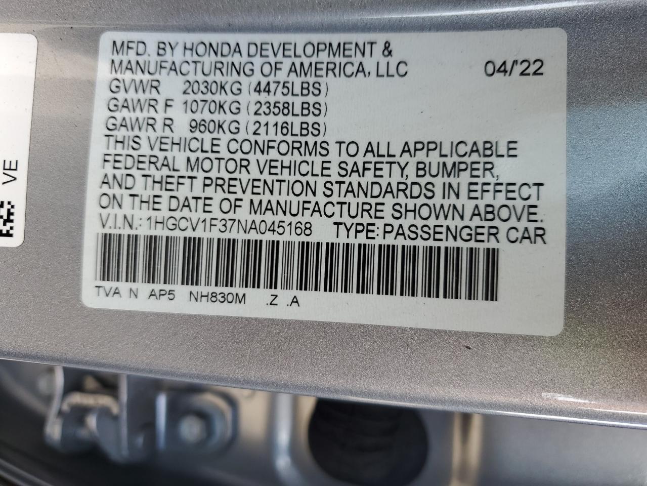 1HGCV1F37NA045168 2022 Honda Accord Sport