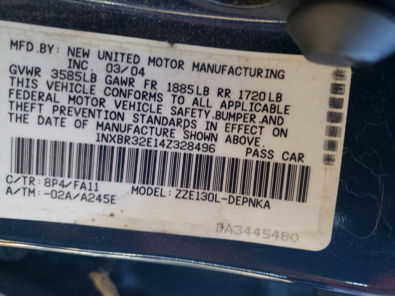 2004 Toyota Corolla Ce VIN: 1NXBR32E14Z328496 Lot: 77455384