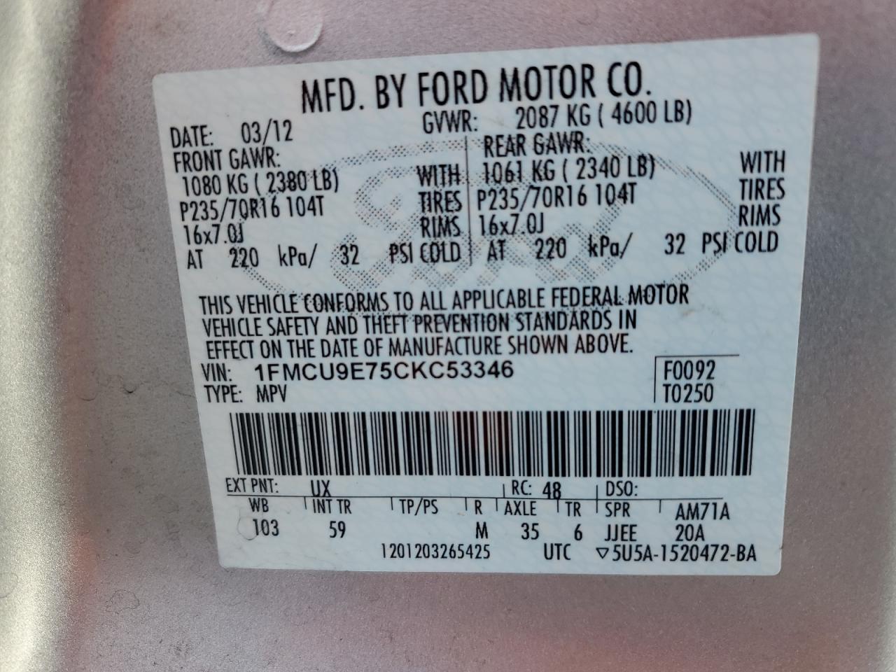 1FMCU9E75CKC53346 2012 Ford Escape Limited