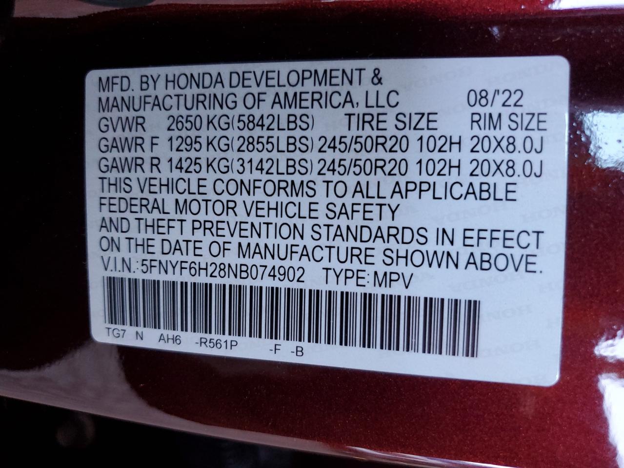 2022 Honda Pilot Se VIN: 5FNYF6H28NB074902 Lot: 77851744