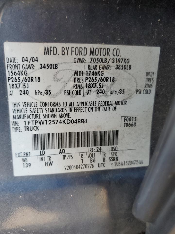 1FTPW12574KD04884 2004 Ford F150 Supercrew