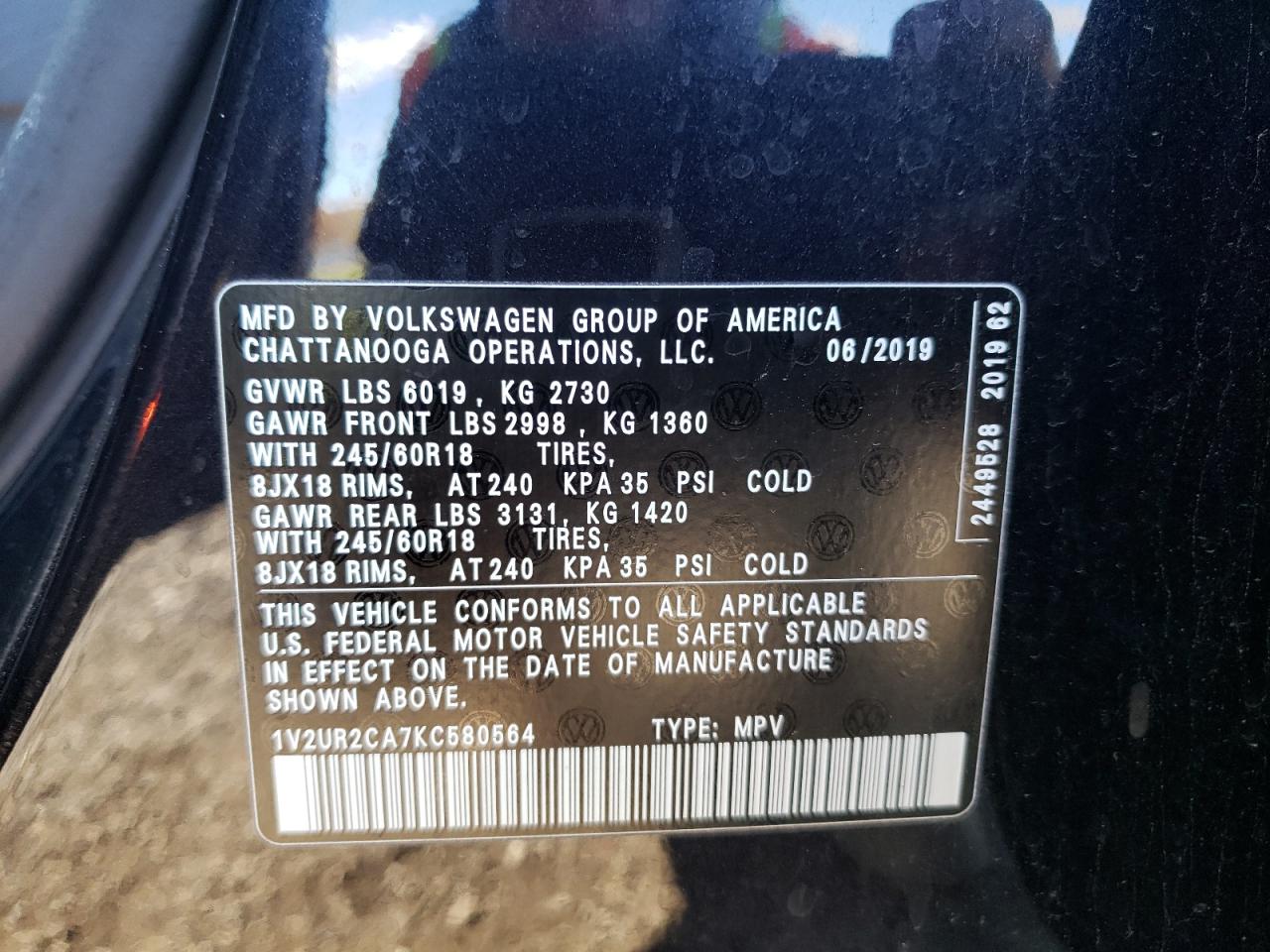 2019 Volkswagen Atlas Se VIN: 1V2UR2CA7KC580564 Lot: 77646274