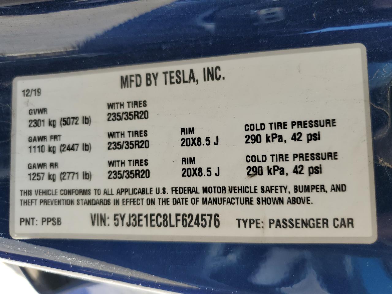 5YJ3E1EC8LF624576 2020 Tesla Model 3