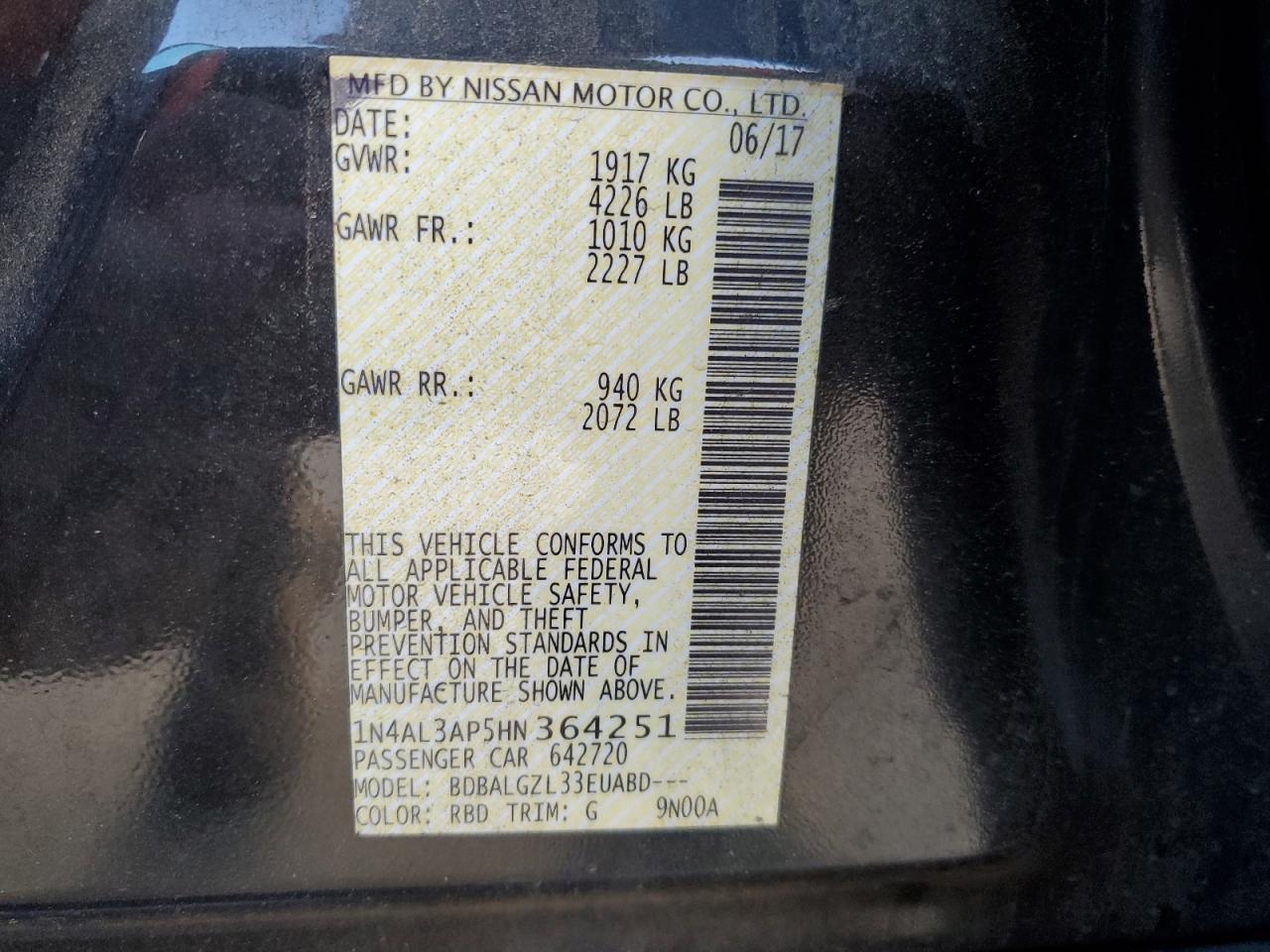 1N4AL3AP5HN364251 2017 Nissan Altima 2.5