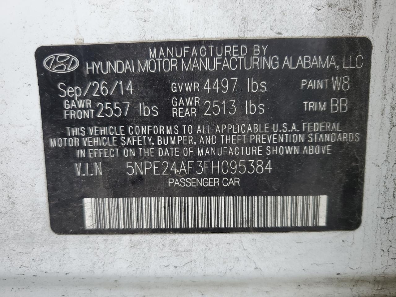 2015 Hyundai Sonata Se VIN: 5NPE24AF3FH095384 Lot: 76835874