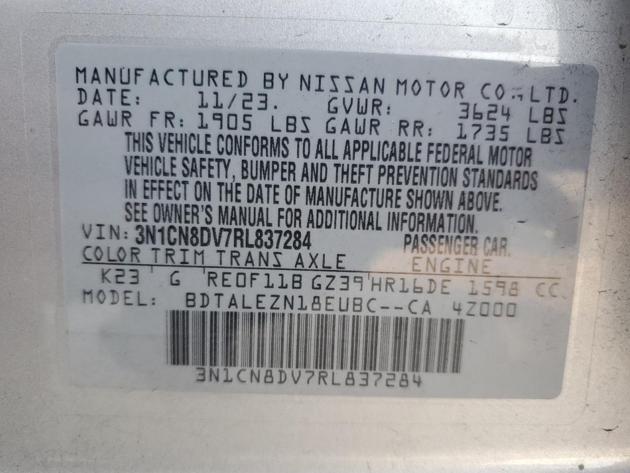 2024 Nissan Versa S VIN: 3N1CN8DV7RL837284 Lot: 75999344