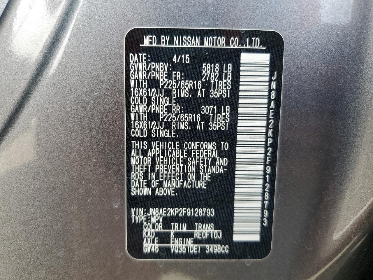 2015 Nissan Quest S VIN: JN8AE2KP2F9128793 Lot: 75935984