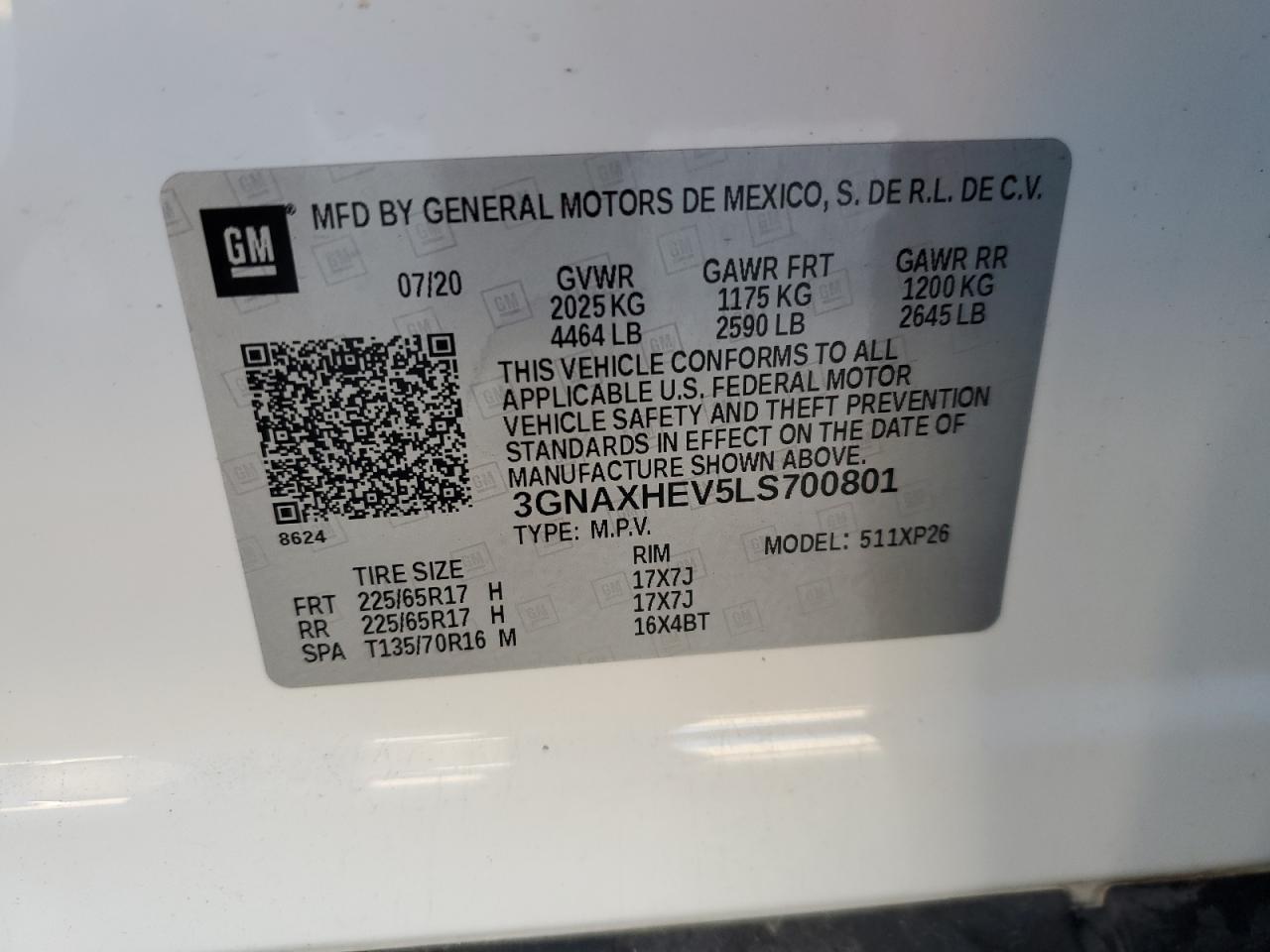 2020 Chevrolet Equinox Ls VIN: 3GNAXHEV5LS700801 Lot: 76920434