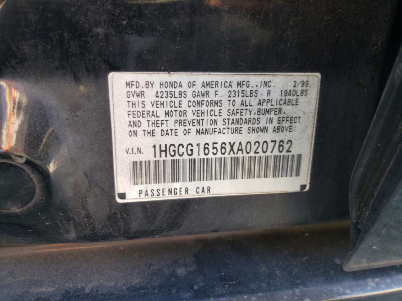 1HGCG1656XA020762 1999 Honda Accord Ex