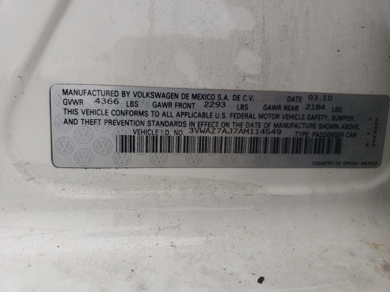 2010 Volkswagen Jetta Limited VIN: 3VWAZ7AJ7AM114549 Lot: 76073784