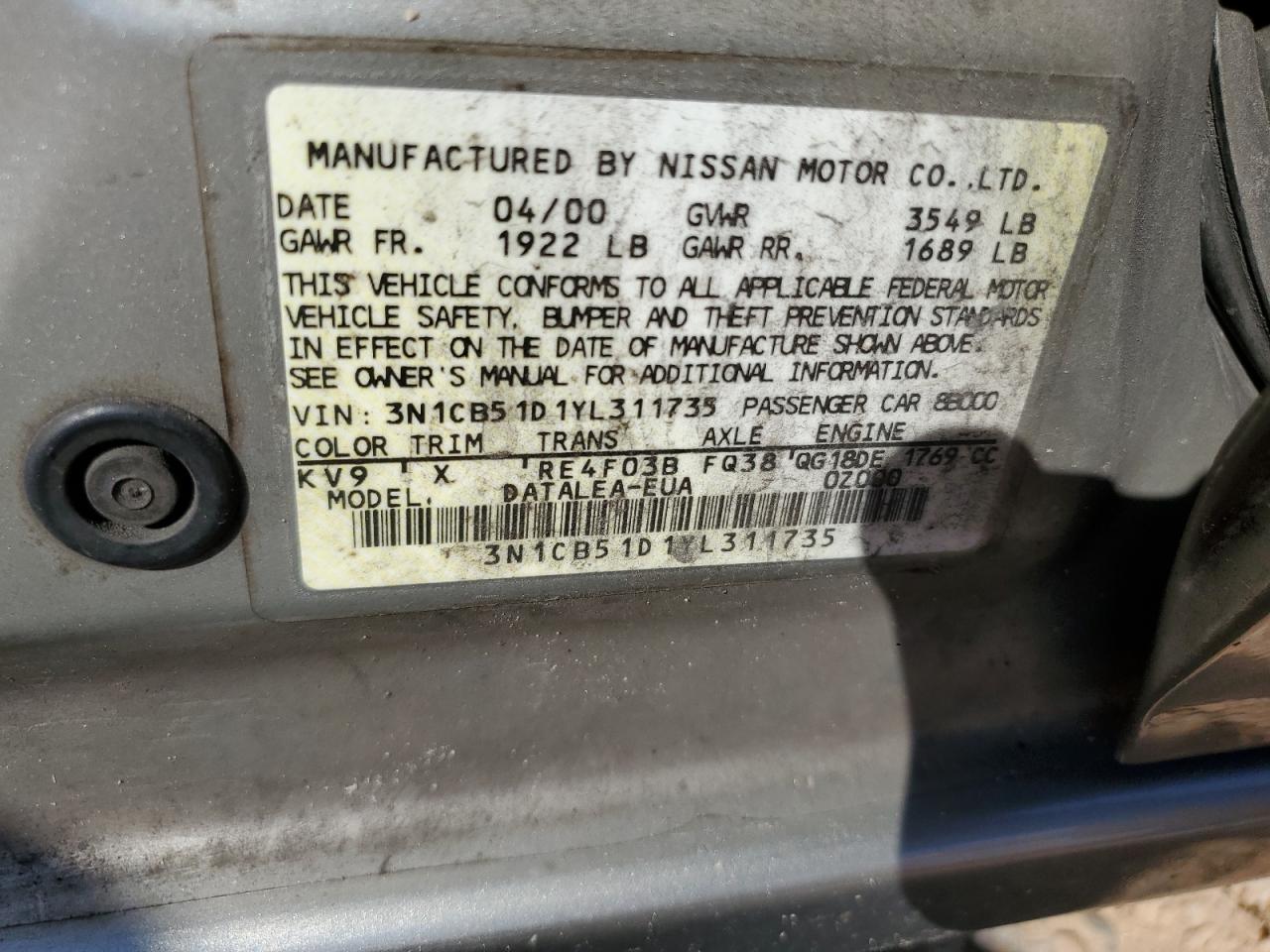 2000 Nissan Sentra Base VIN: 3N1CB51D1YL311735 Lot: 74568814