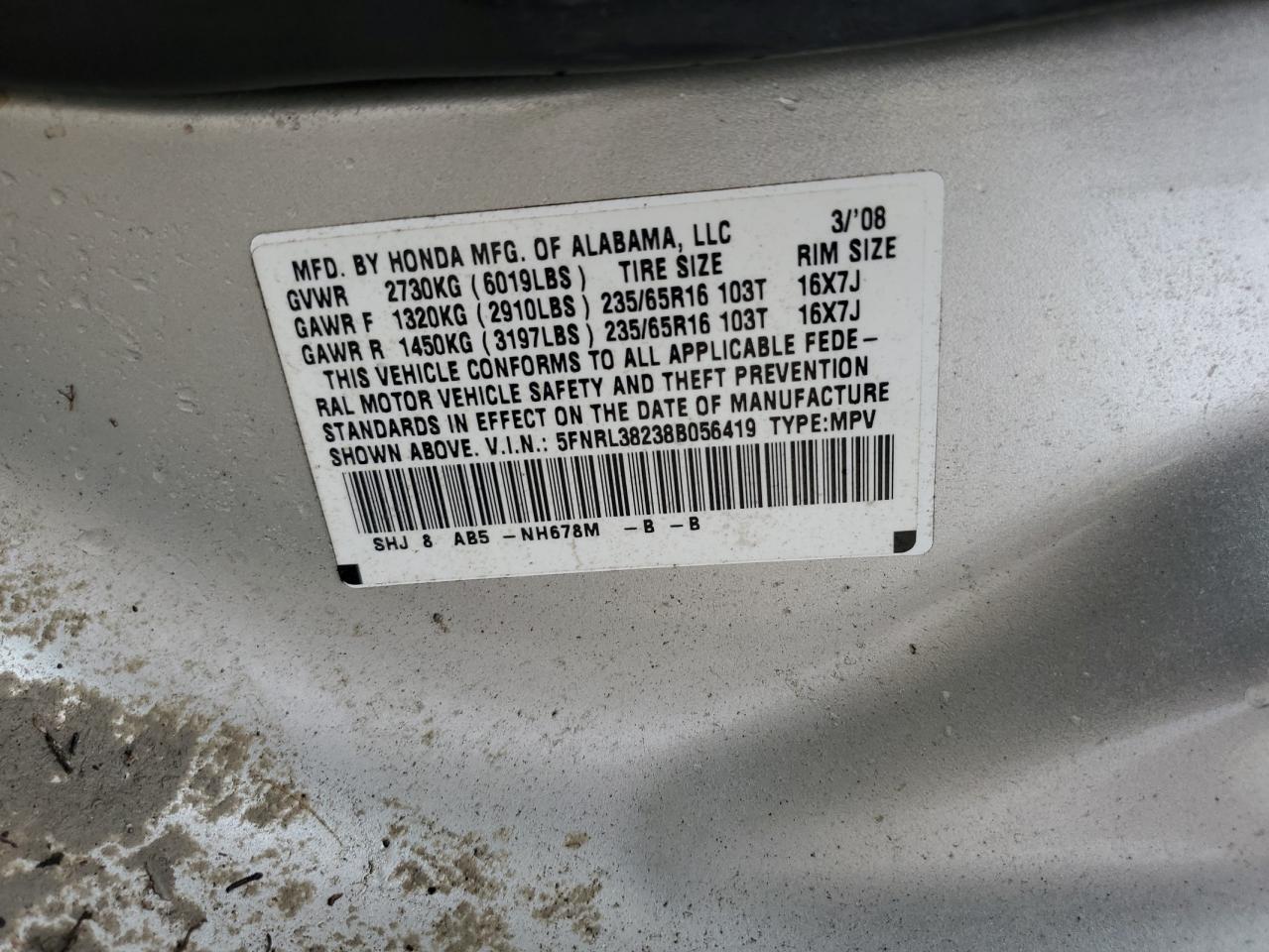 5FNRL38238B056419 2008 Honda Odyssey Lx