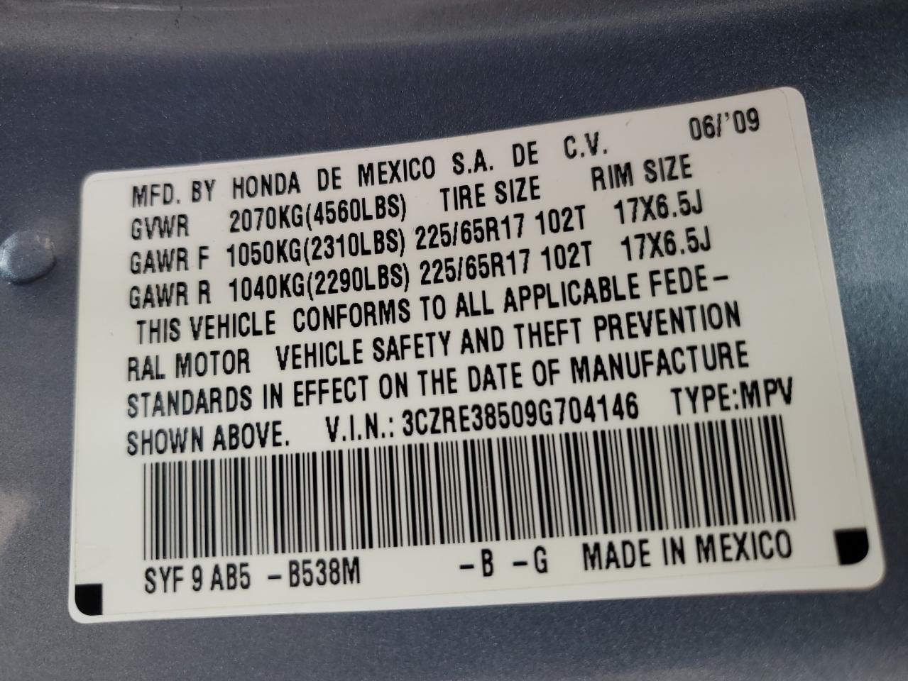 2009 Honda Cr-V Ex VIN: 3CZRE38509G704146 Lot: 76785954