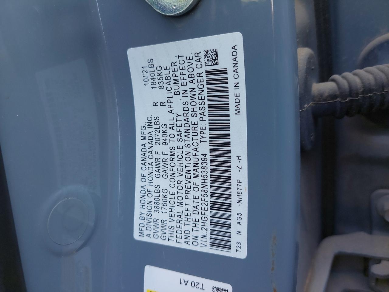 2HGFE2F58NH538394 - 2022 HONDA CIVIC - #76426154