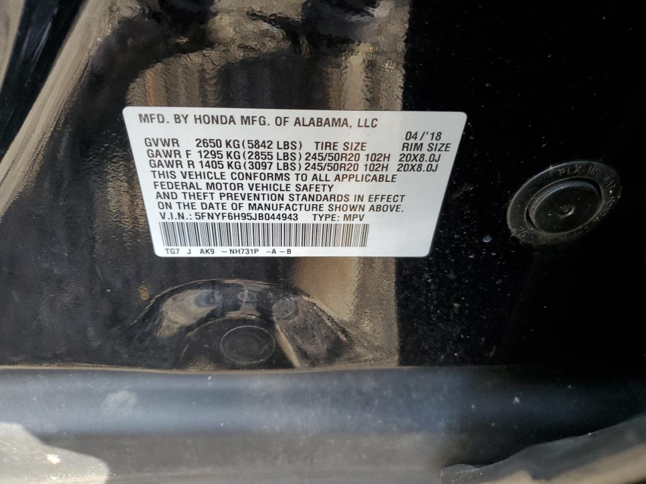 2018 Honda Pilot Touring VIN: 5FNYF6H95JB044943 Lot: 74345504