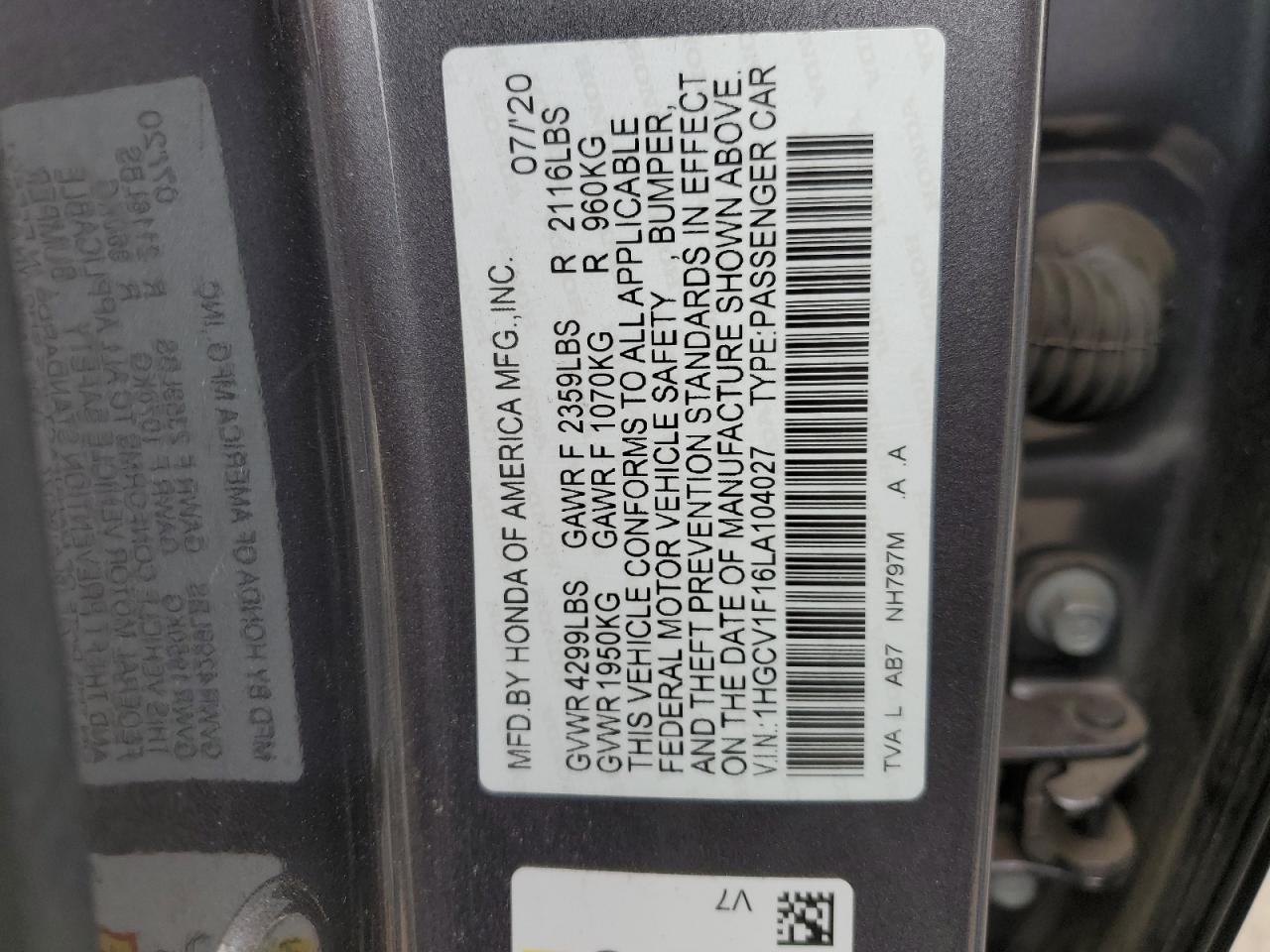 1HGCV1F16LA104027 2020 Honda Accord Lx