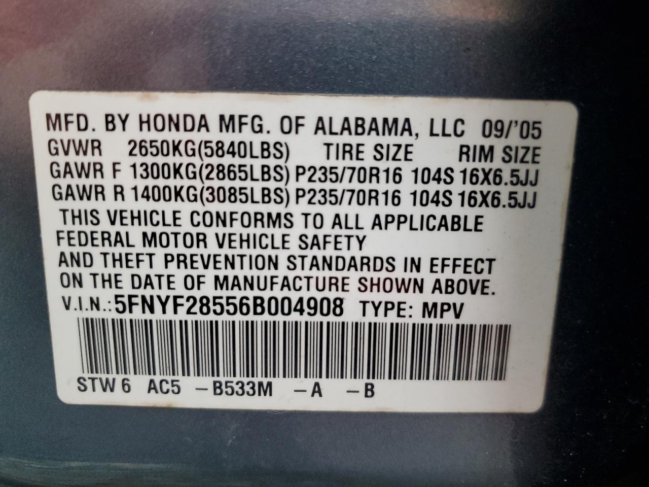 5FNYF28556B004908 2006 Honda Pilot Ex