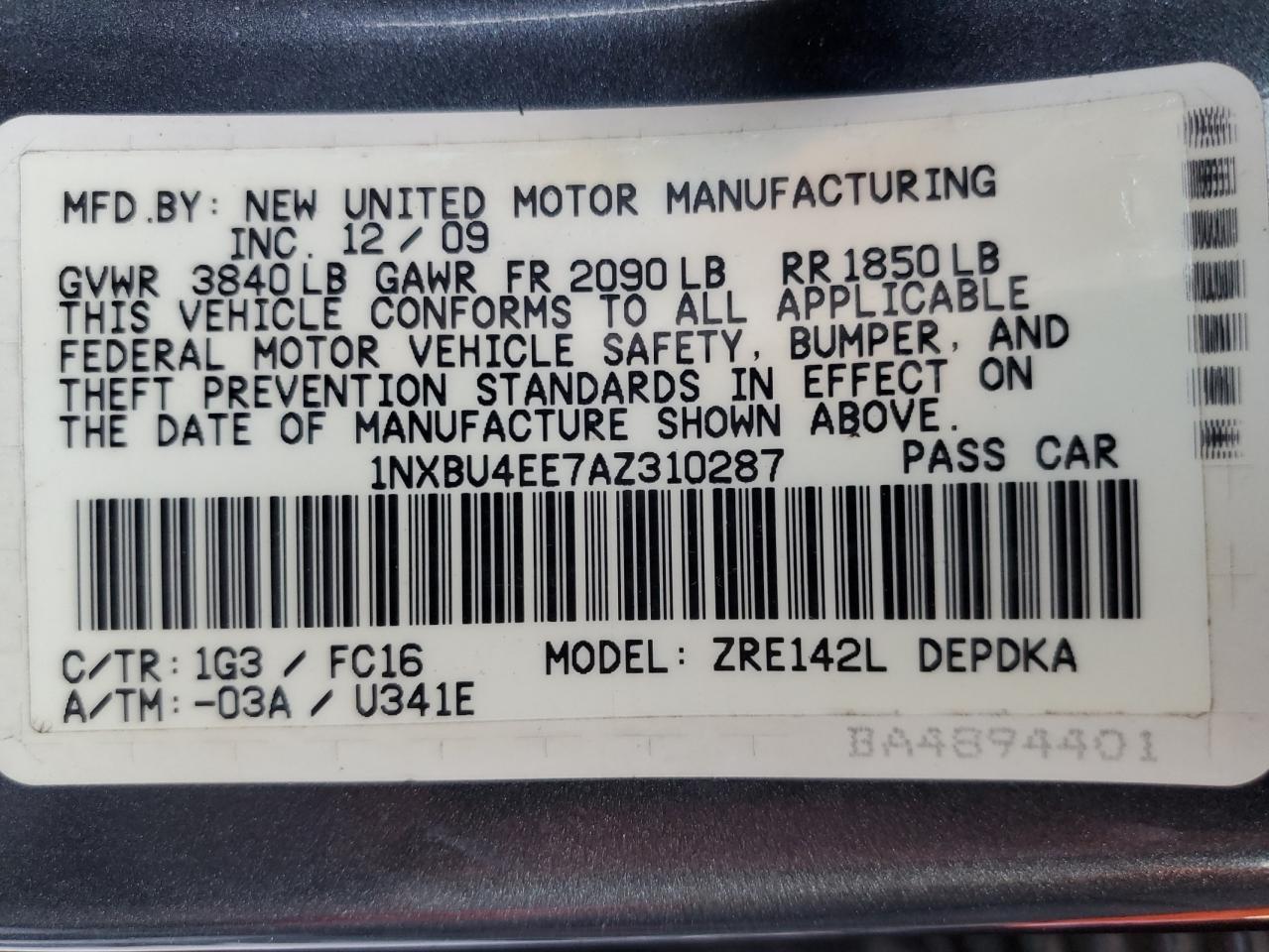 1NXBU4EE7AZ310287 2010 Toyota Corolla Base